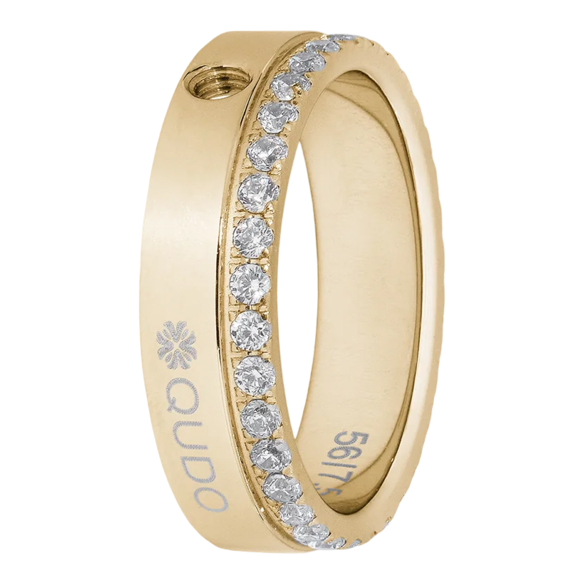 Gold ring with diamonds and 'QUDO' branding on a white background