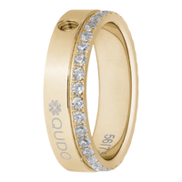 Gold ring with diamonds and 'QUDO' branding on a white background