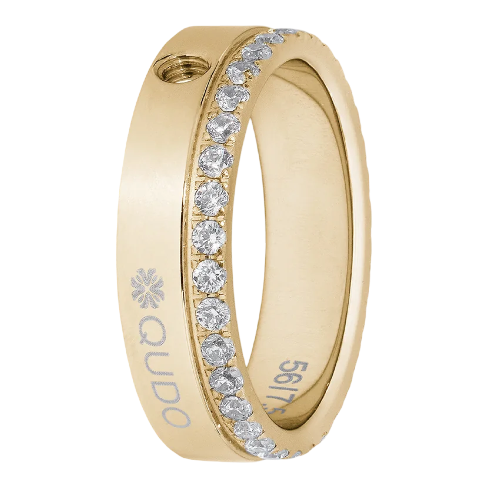 Gold ring with diamonds and 'QUDO' branding on a white background