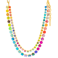 Colorful beaded necklace with gold chain on a white background