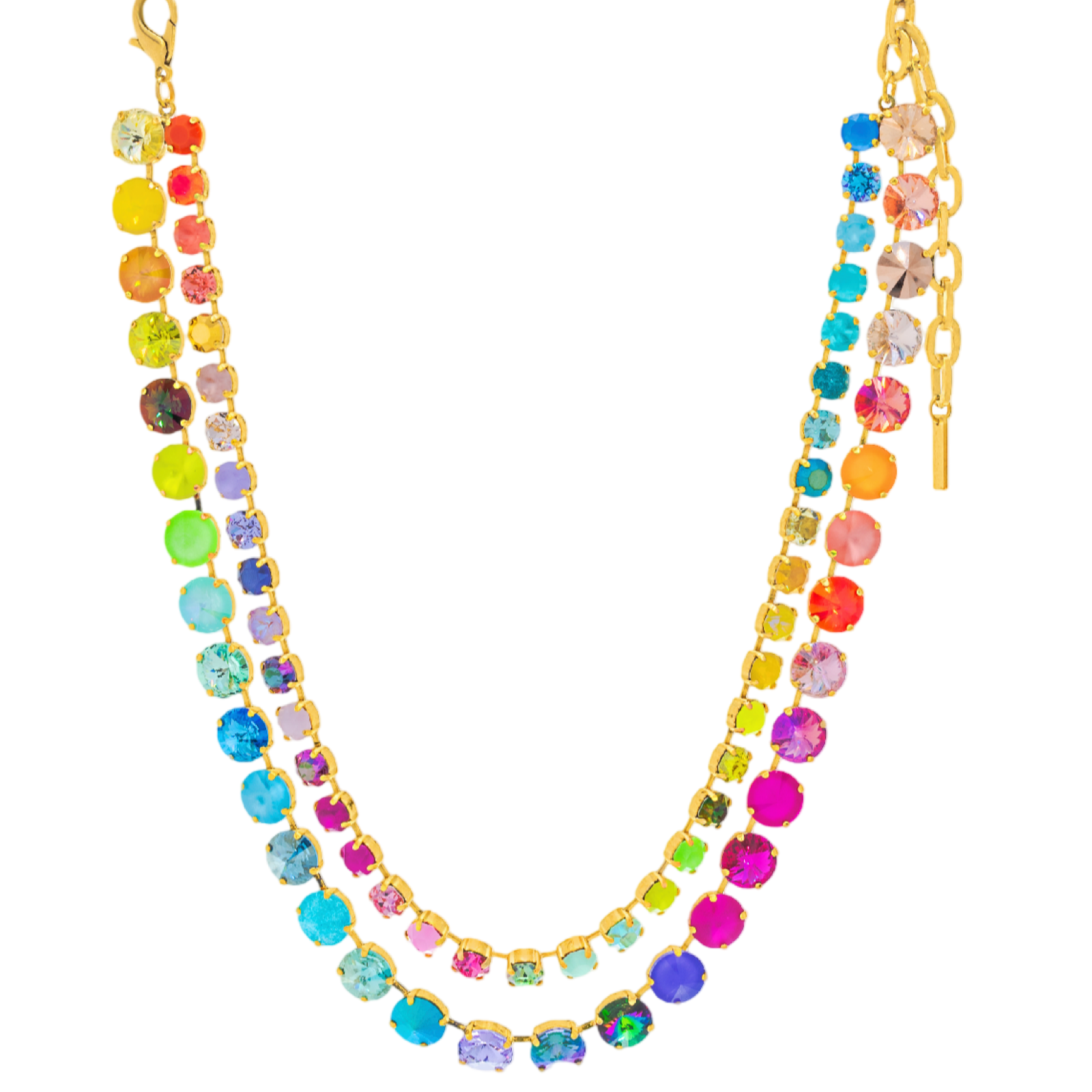Colorful beaded necklace with gold chain on a white background