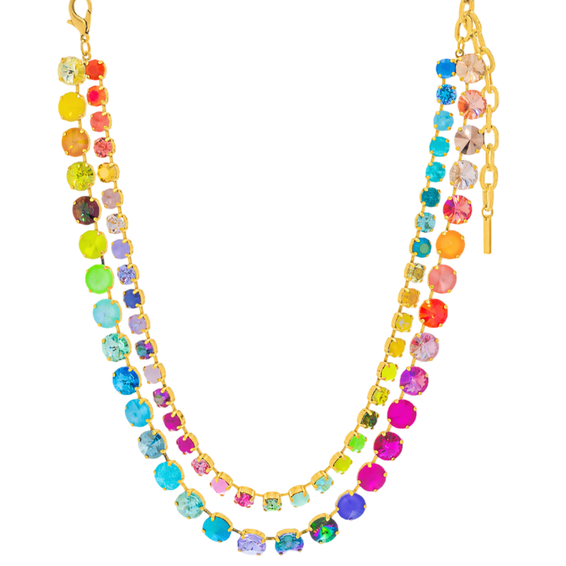 Colorful beaded necklace with gold chain on a white background