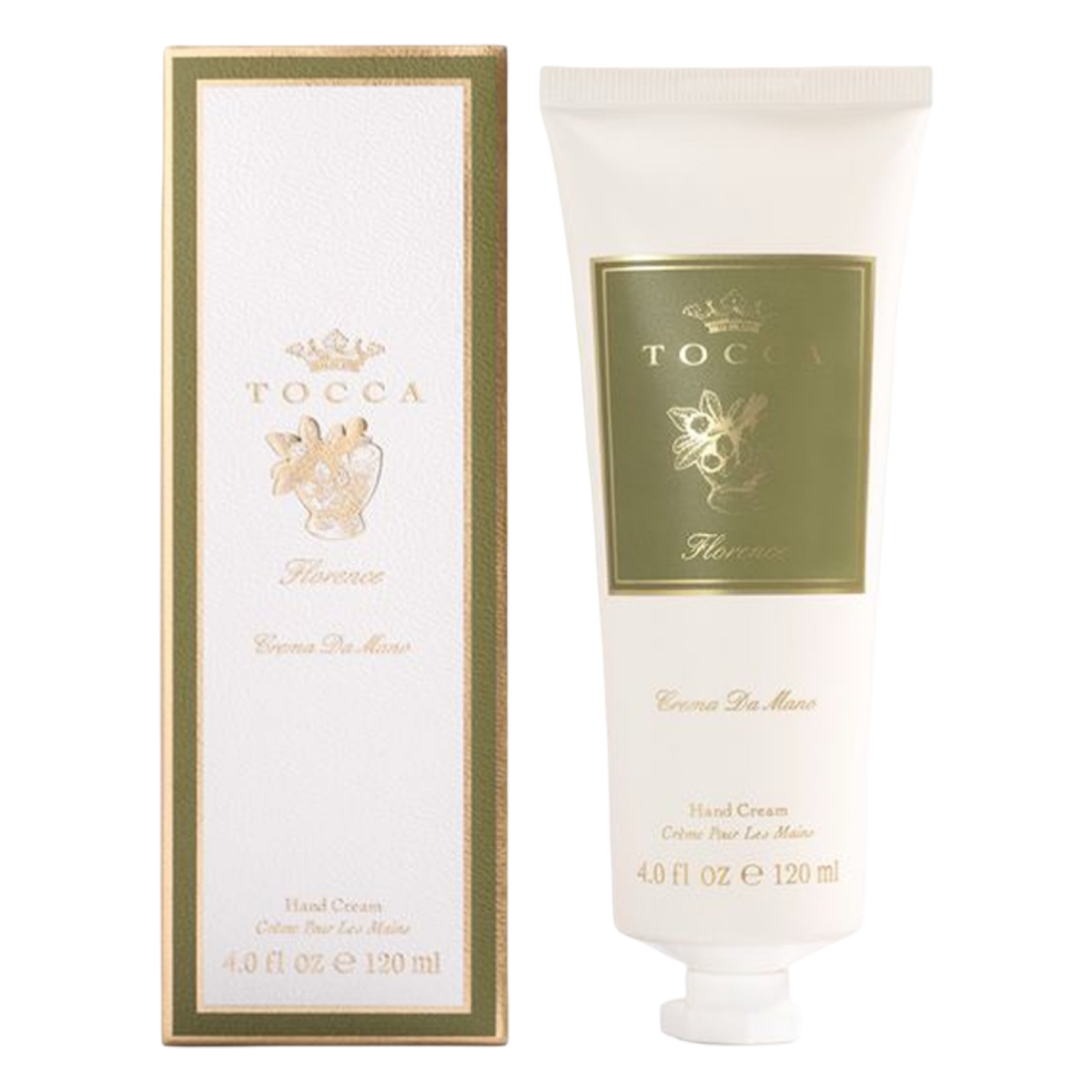 Tocca hand cream with packaging on a white background