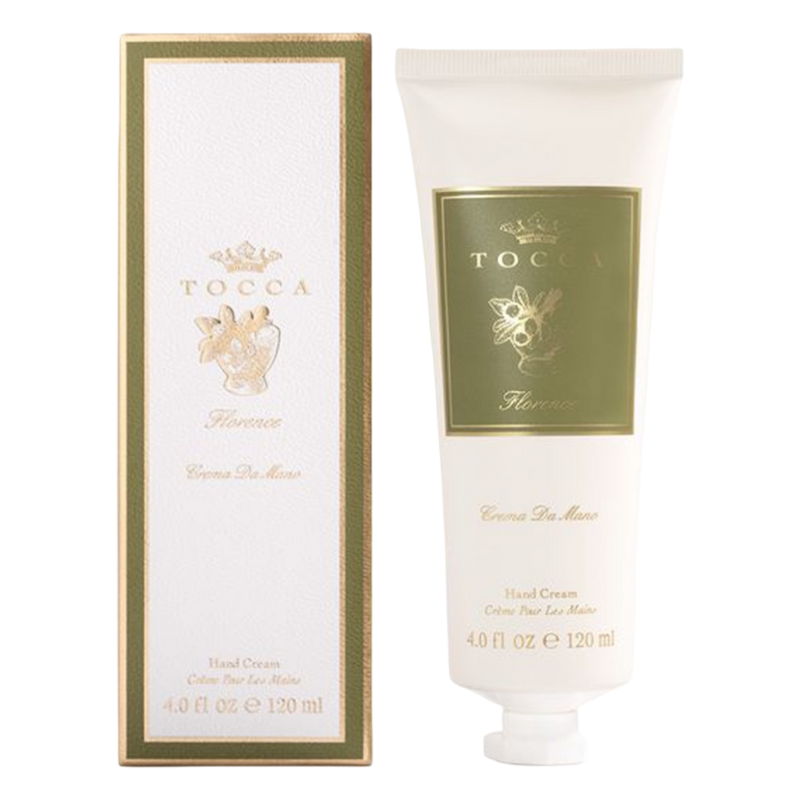 Tocca hand cream with packaging on a white background