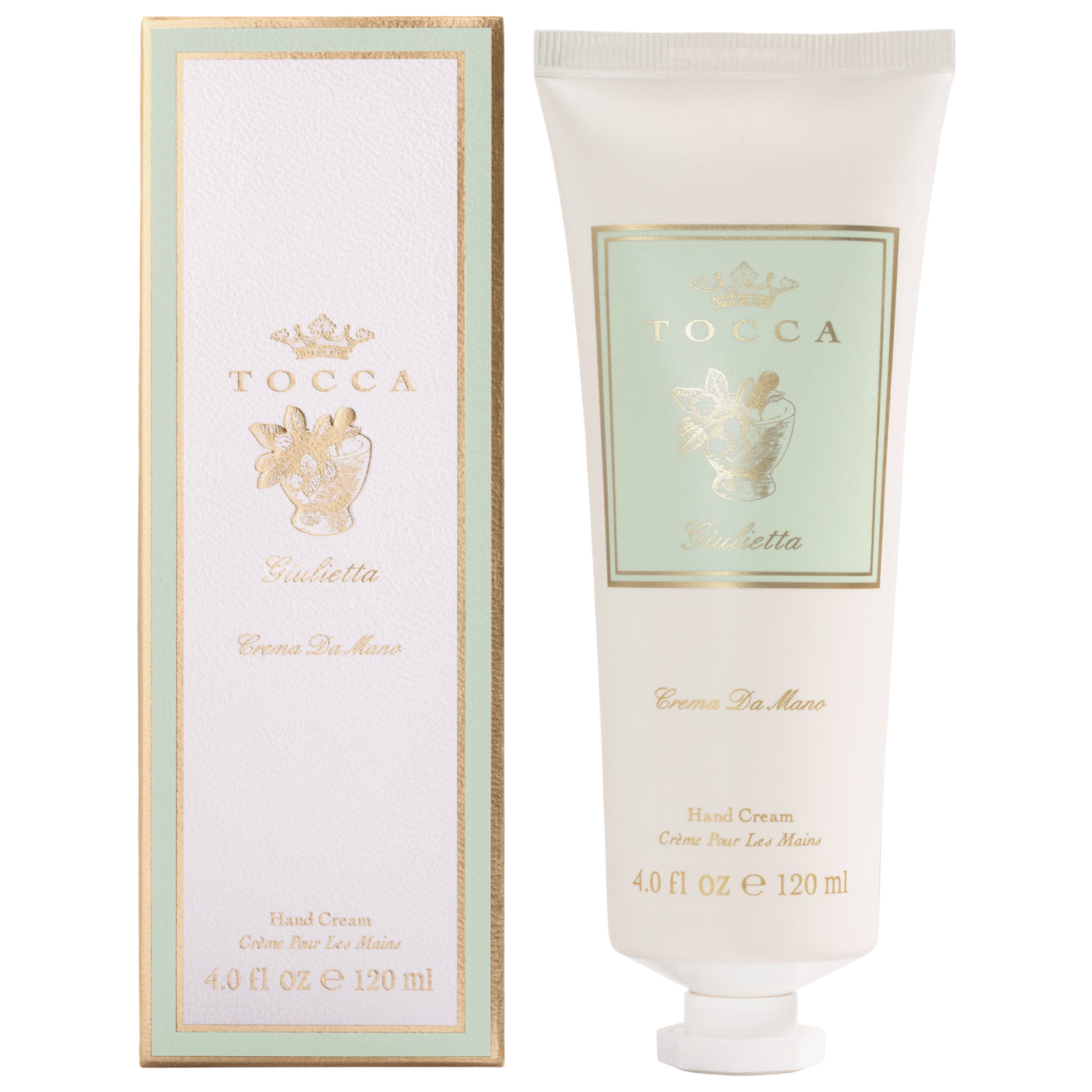Tocca hand cream with packaging on a white background