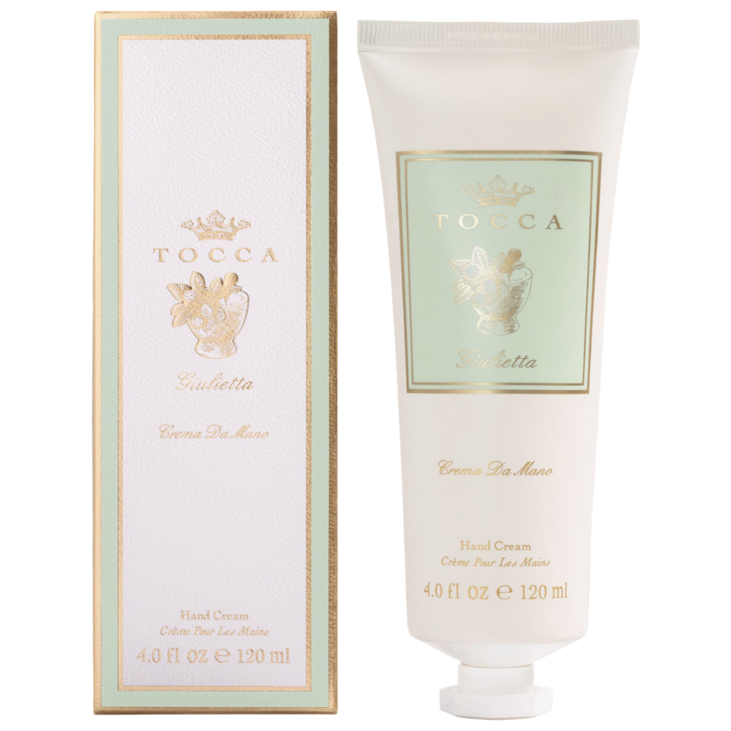 Tocca hand cream with packaging on a white background
