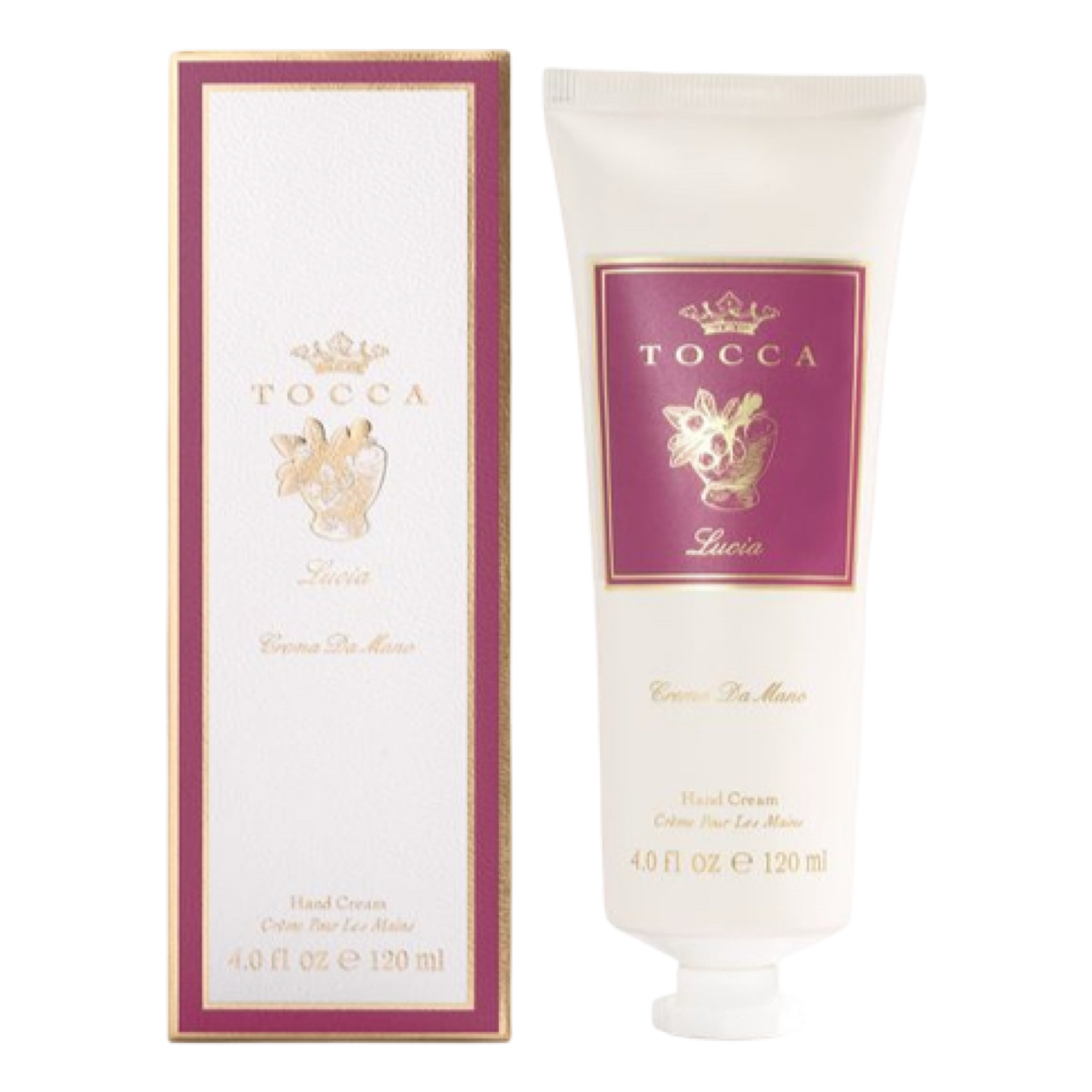 Tocca hand cream with packaging on a white background