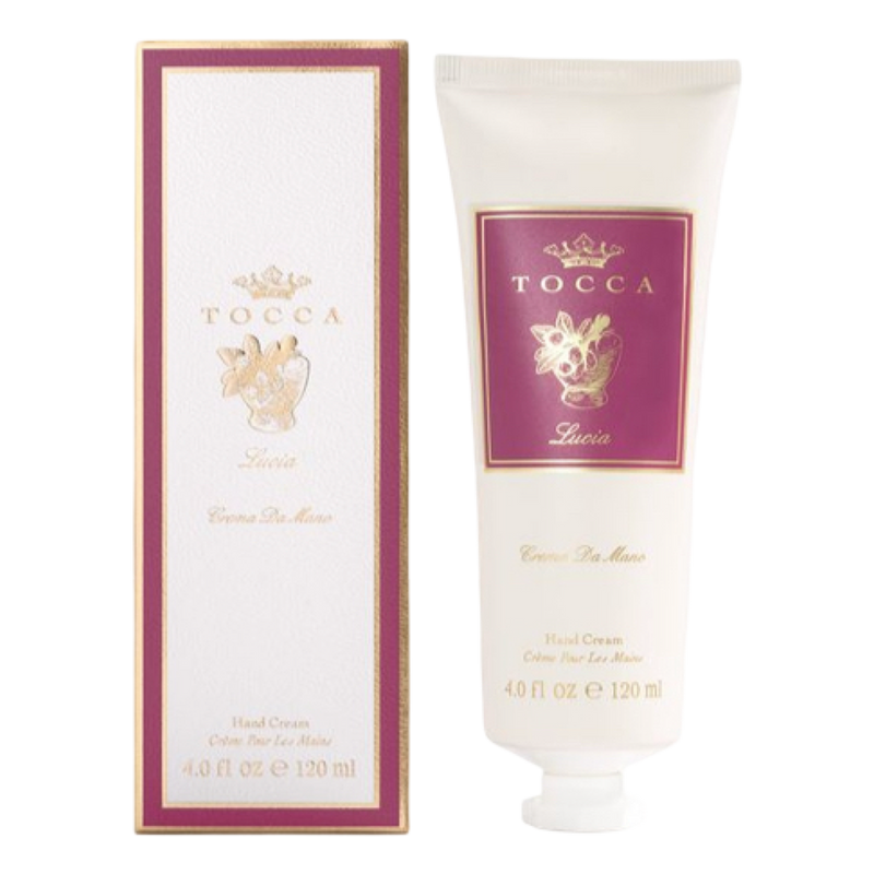 Tocca hand cream with packaging on a white background
