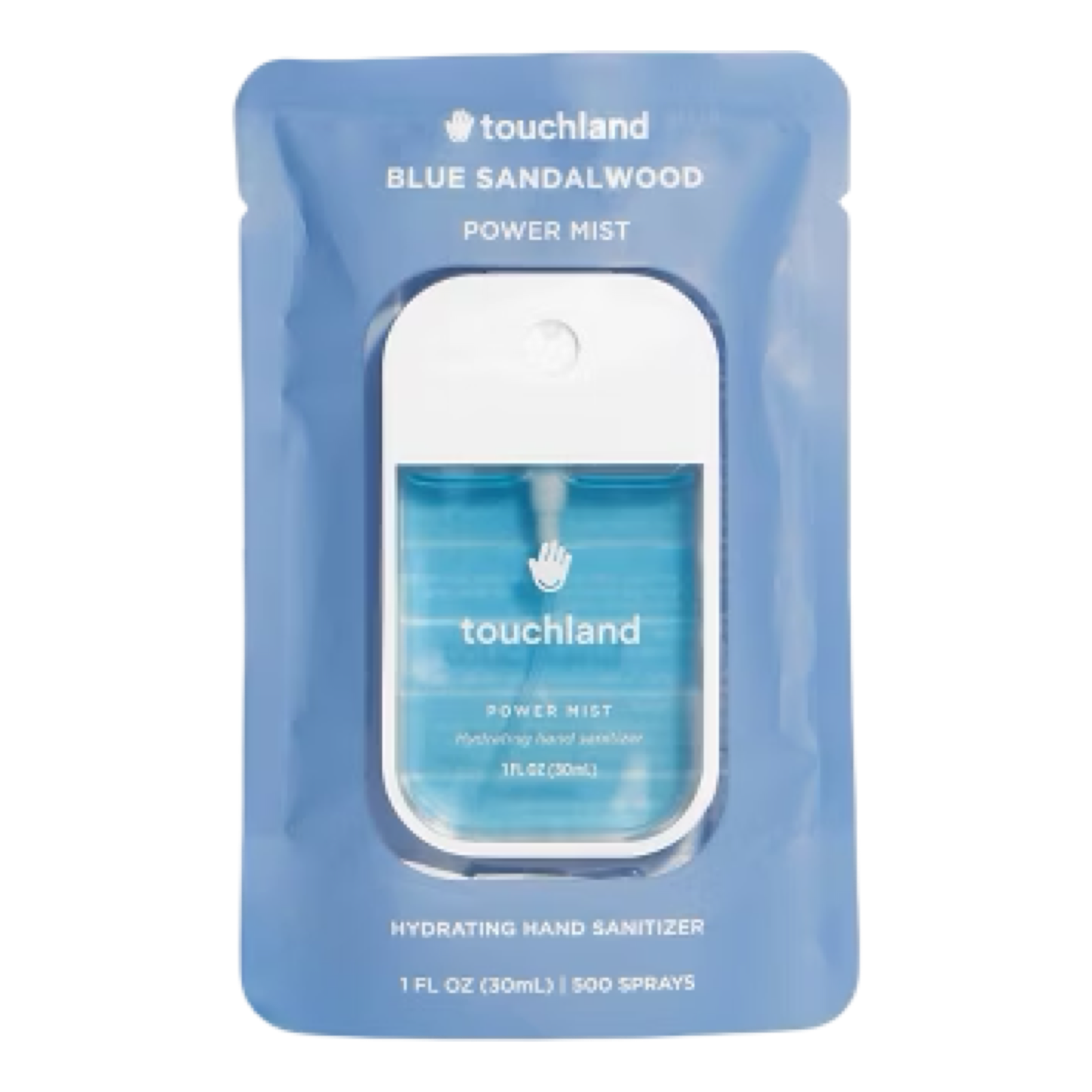 Touchland Blue Sandalwood Power Mist packaging on a white background