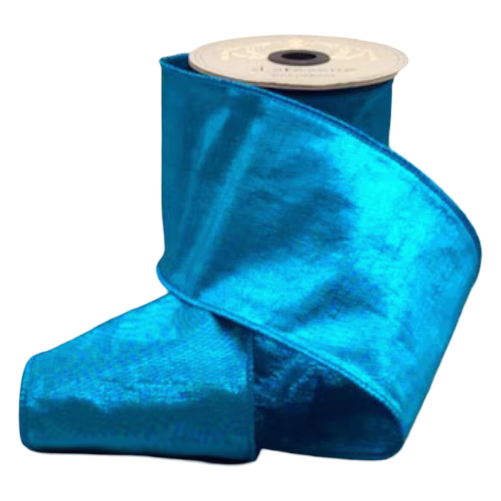 A roll of shiny bright blue ribbon with a portion unrolled in front, photographed on a plain white background.