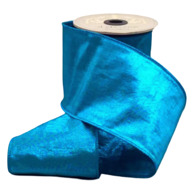 A roll of shiny bright blue ribbon with a portion unrolled in front, photographed on a plain white background.