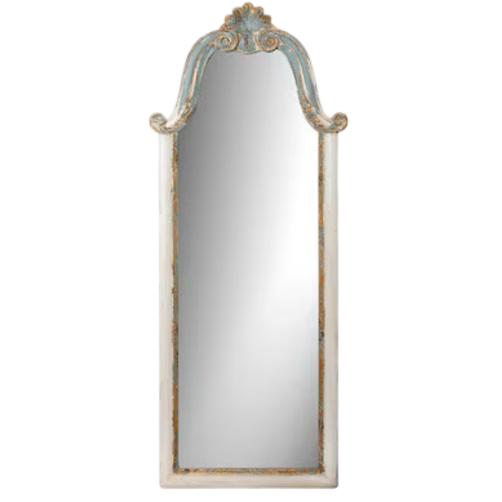Decorative wall mirror with a white and gold frame on a white background