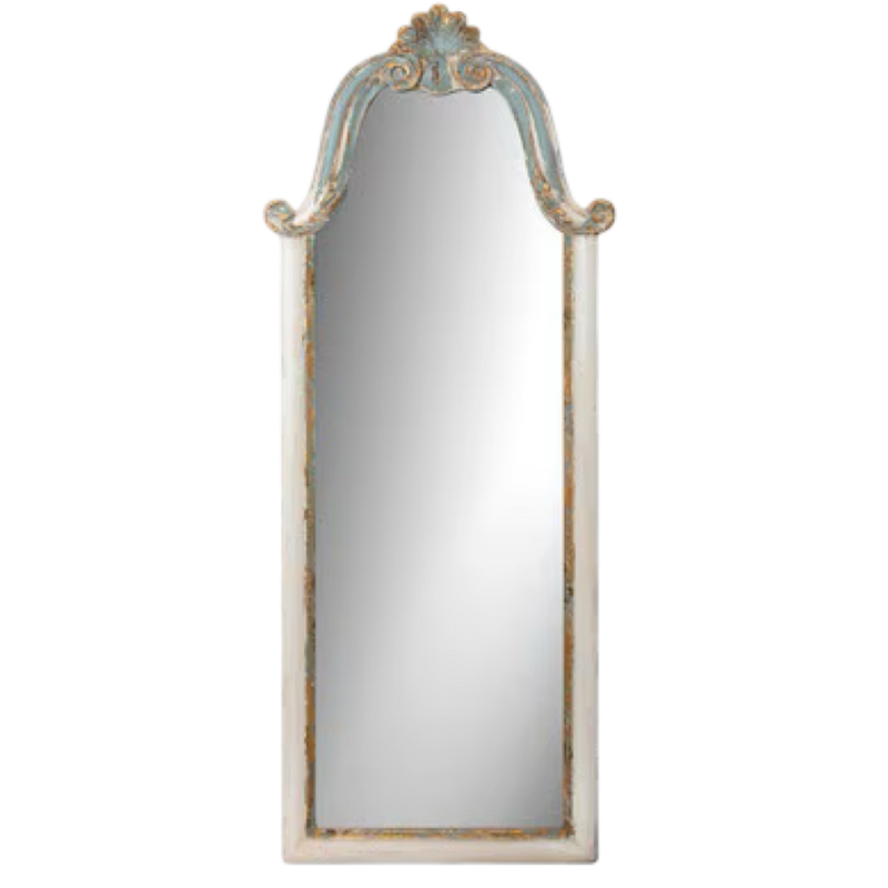 Decorative wall mirror with a white and gold frame on a white background