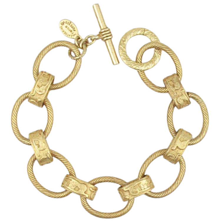 Victorian scroll bracelet, embossed link bracelet, La Vie Parisienne jewelry, antique style bracelet, vintage inspired scroll bracelet, Parisian bracelet design, ornate gold bracelet, stacking link bracelet, classic French bracelet, detailed metal bracelet