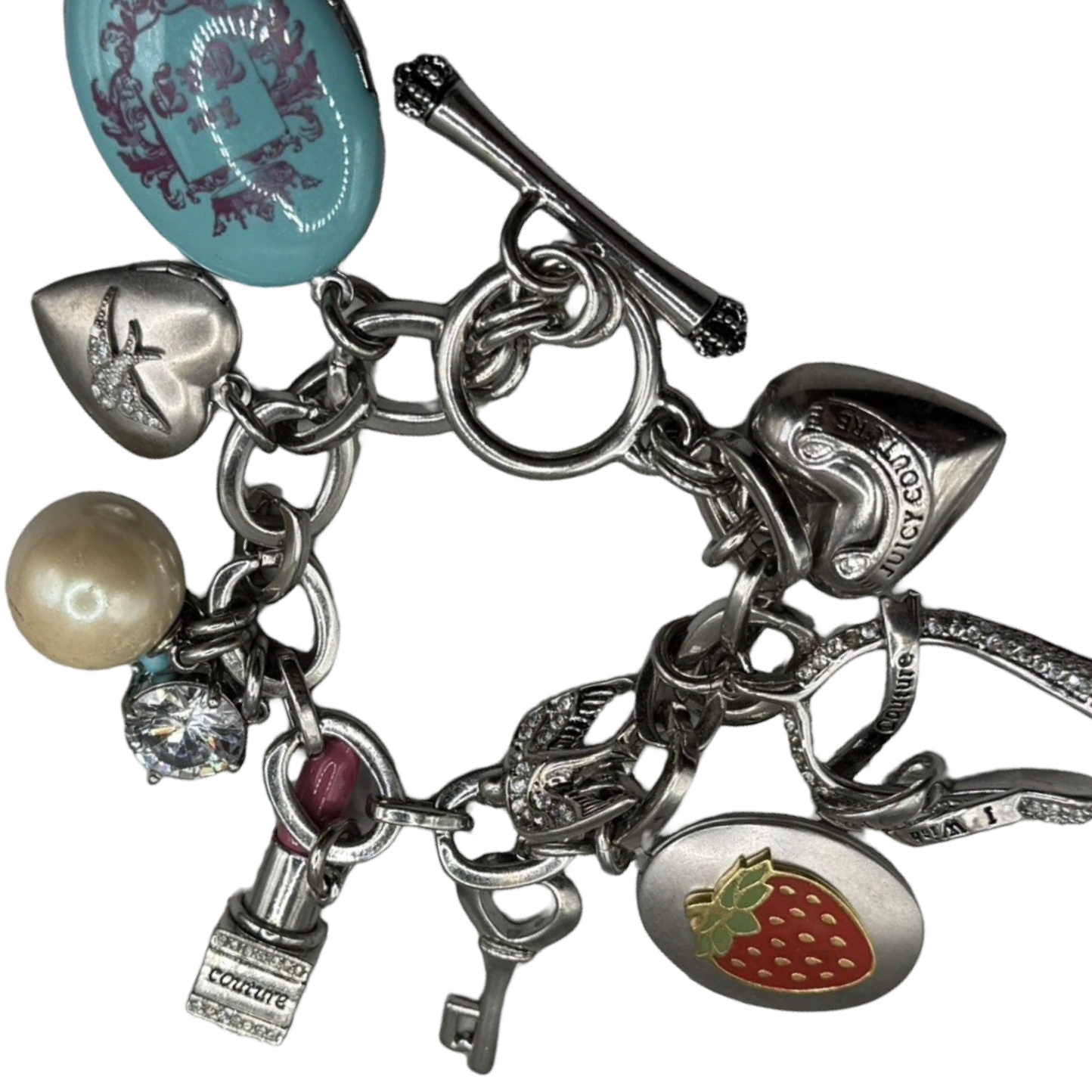 Vintage Juicy Couture silver-tone chunky charm bracelet with strawberry locket, horseshoe, pearl, heart, crystal and turquoise charms