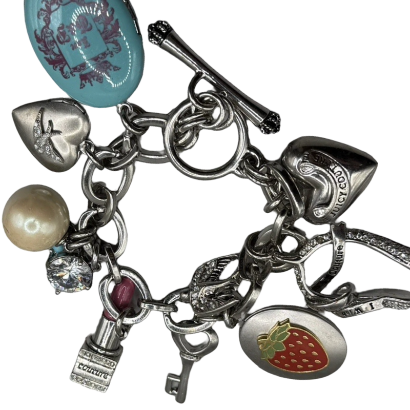 Vintage Juicy Couture silver-tone chunky charm bracelet with strawberry locket, horseshoe, pearl, heart, crystal and turquoise charms