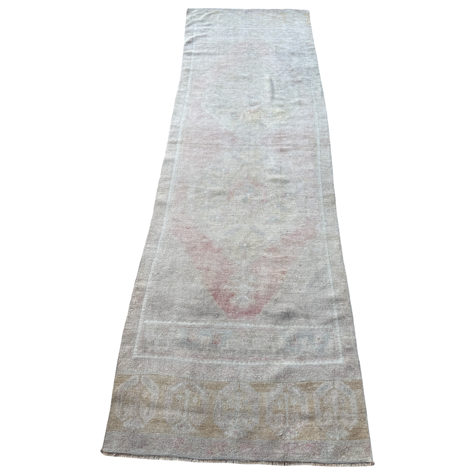 Vintage Turkish runner rug measuring approximately 2'9½" x 8'10" with a softly faded traditional pattern in blush pink, sage, blue-gray, ivory and sand tones.