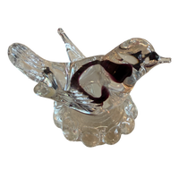 Vintage clear and aubergine purple Murano-style art glass bird sculpture with extended applied glass wings and bubble pedestal base.