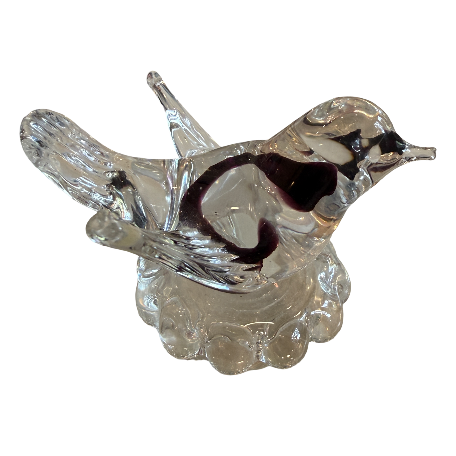 Vintage clear and aubergine purple Murano-style art glass bird sculpture with extended applied glass wings and bubble pedestal base.