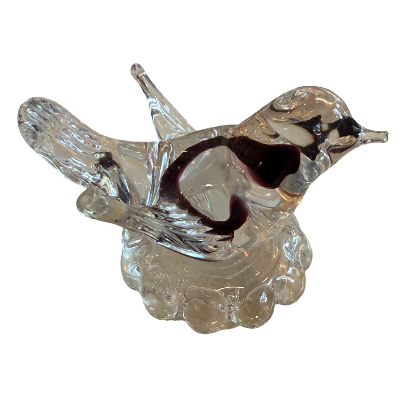 Vintage clear and aubergine purple Murano-style art glass bird sculpture with extended applied glass wings and bubble pedestal base.