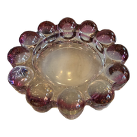 Vintage smoky pink Boopie-style glass bowl with oversized rounded bubble rim viewed from above.