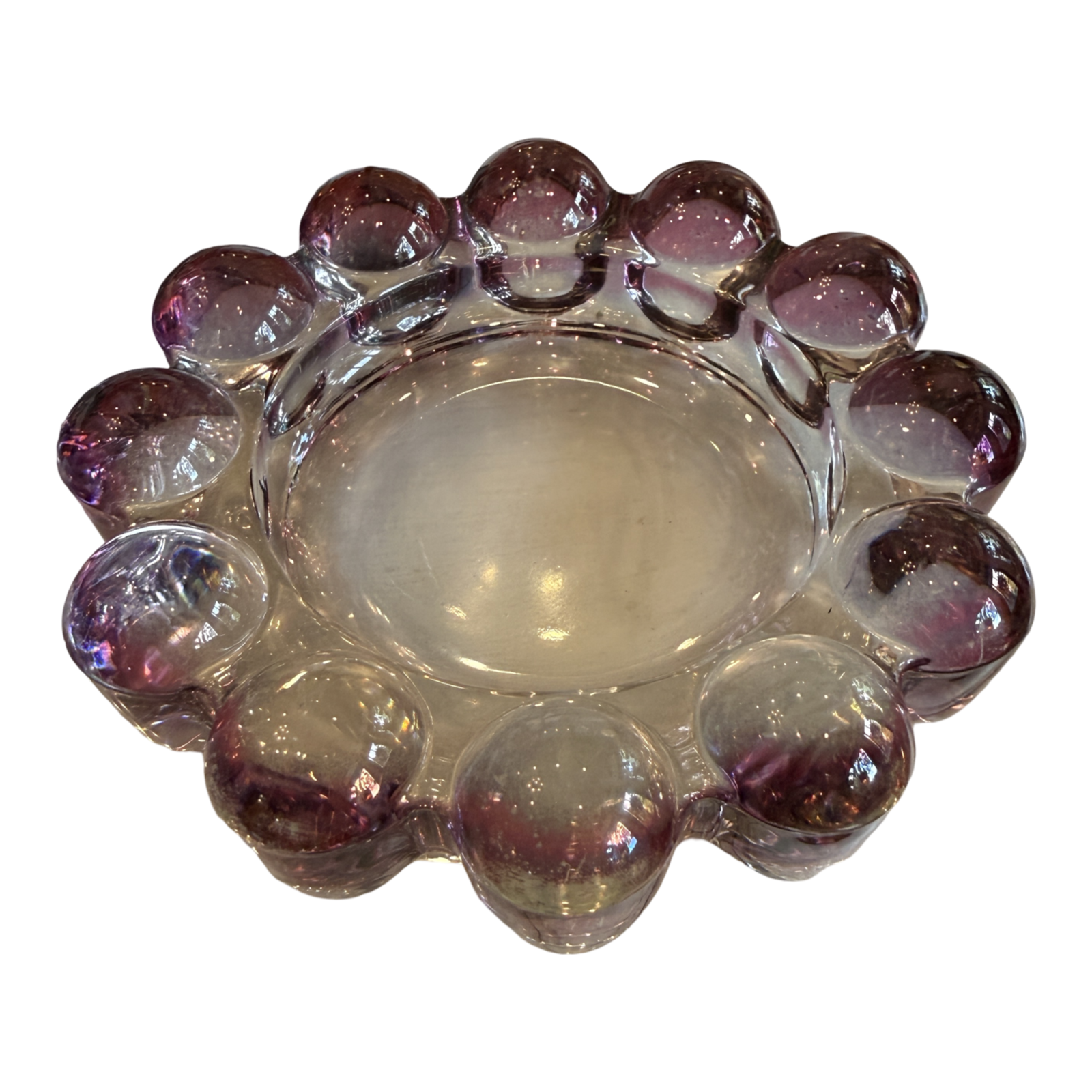 Vintage smoky pink Boopie-style glass bowl with oversized rounded bubble rim viewed from above.