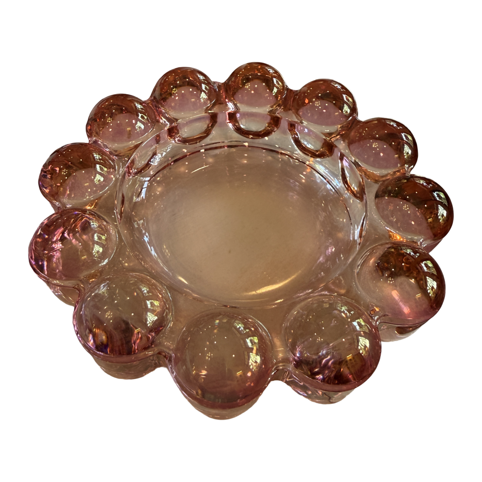 Vintage translucent pink Boopie-style bubble glass bowl with oversized rounded glass bead rim and sculptural mid-century design
