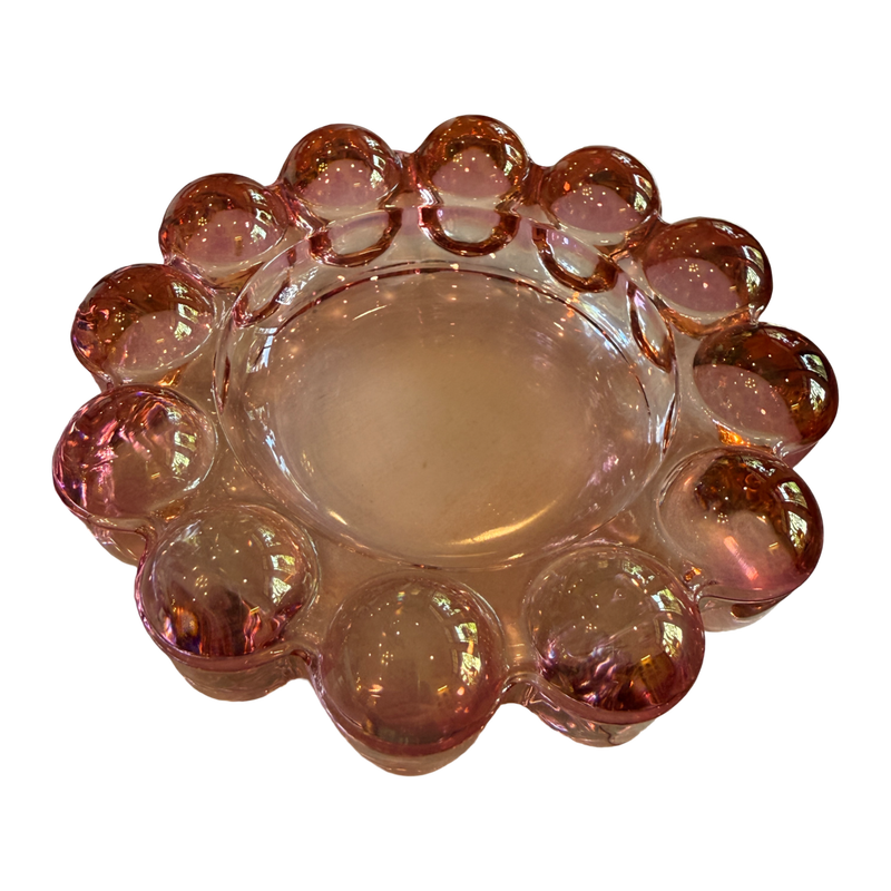 Vintage translucent pink Boopie-style bubble glass bowl with oversized rounded glass bead rim and sculptural mid-century design