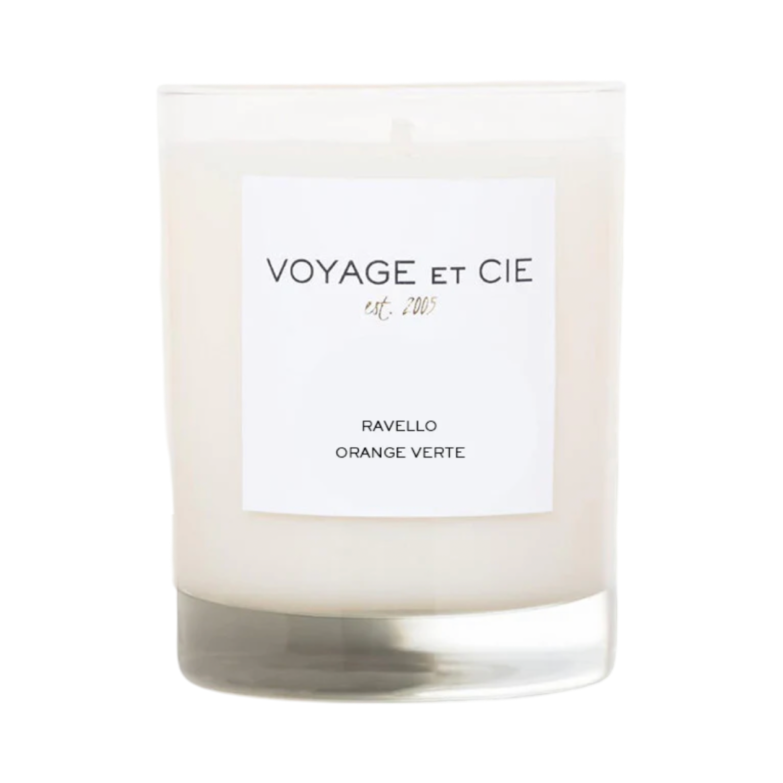 Voyage et Cie candle with a white label on a white background
