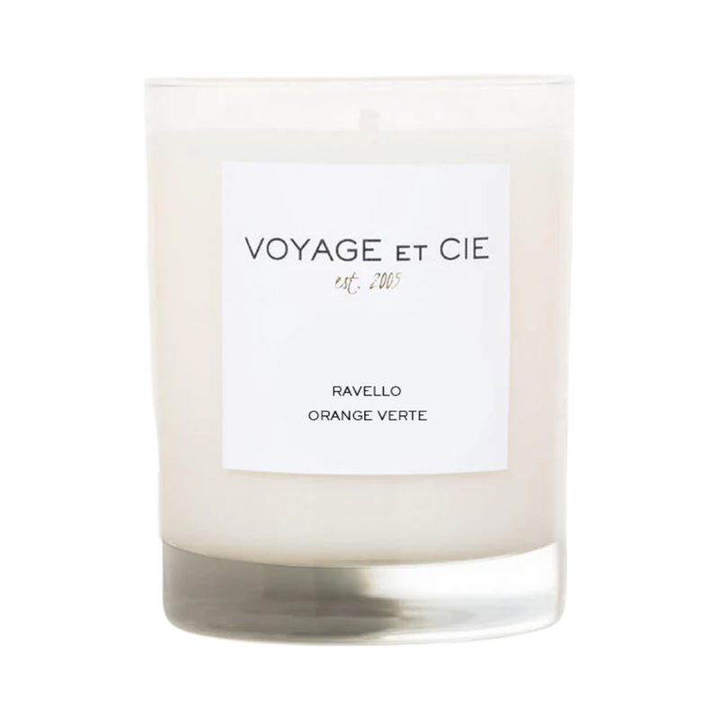 Voyage et Cie candle with a white label on a white background