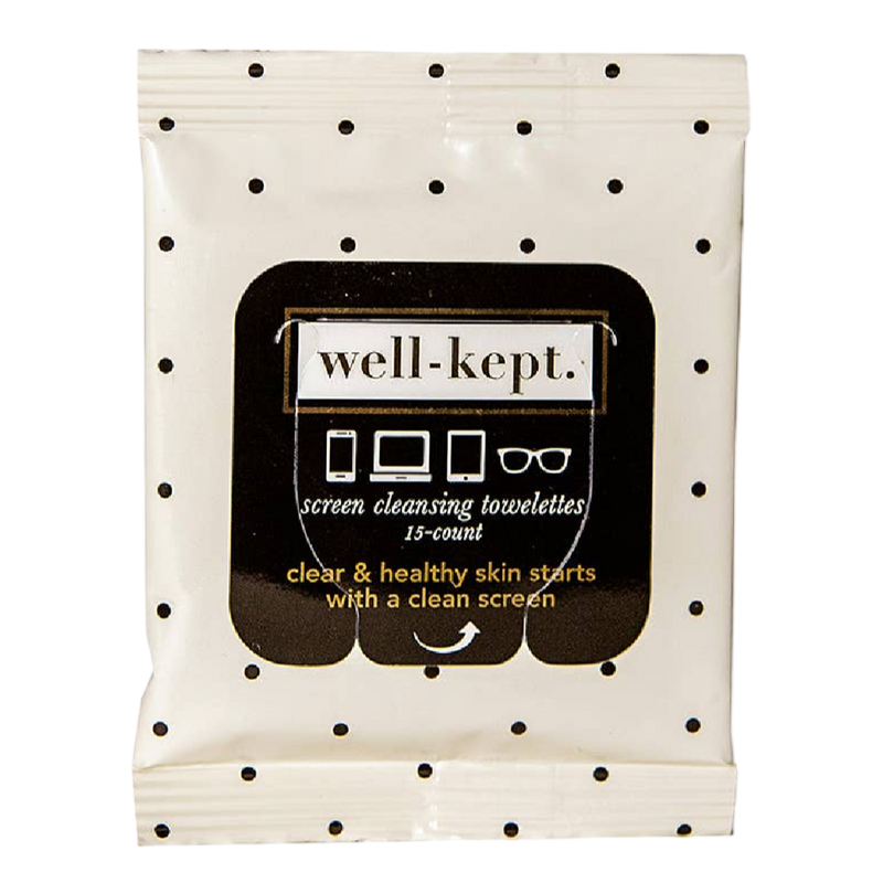 Well-Kept Jackie wipes, tech wipes, lens wipes, polka dot cleaning wipes, boutique stocking stuffer, holiday gift under $10, woman-owned brand, glasses cleaning cloths, phone cleaning wipes, USA-made gift ideas