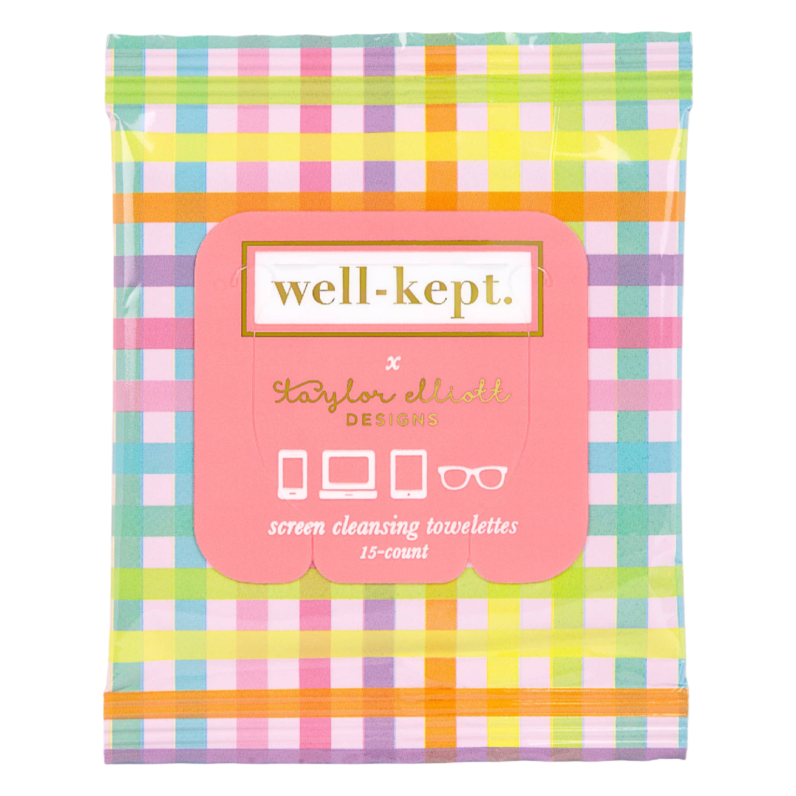 Well-Kept x Taylor Elliott Designs, tech wipes, holiday stocking stuffer, rainbow gingham wipes, boutique holiday gift, woman-owned brand, phone cleaning wipes, glasses wipes, small gift ideas, under $10 gifts, holiday tech accessories