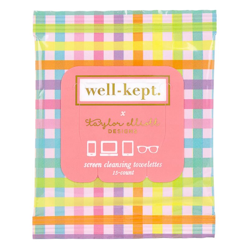 Well-Kept x Taylor Elliott Designs, tech wipes, holiday stocking stuffer, rainbow gingham wipes, boutique holiday gift, woman-owned brand, phone cleaning wipes, glasses wipes, small gift ideas, under $10 gifts, holiday tech accessories