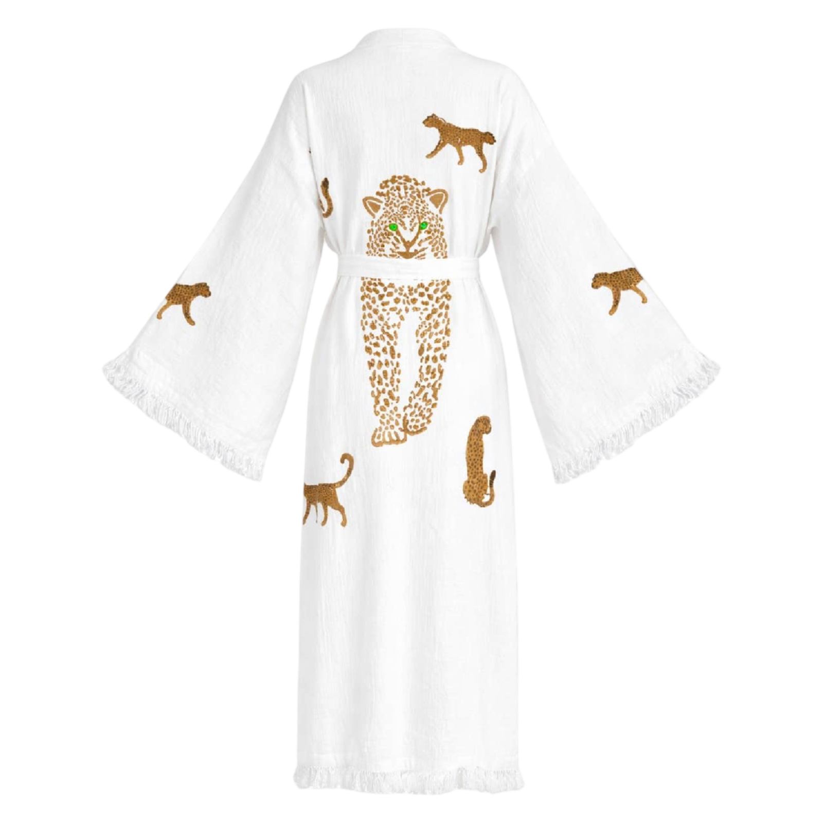 A white cotton kimono robe with wide sleeves and fringed edges, featuring embroidered leopard designs in brown and gold on the back.