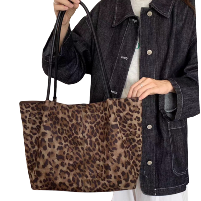 Wild Side Black Leopard Suede-Look Tote with Pouch