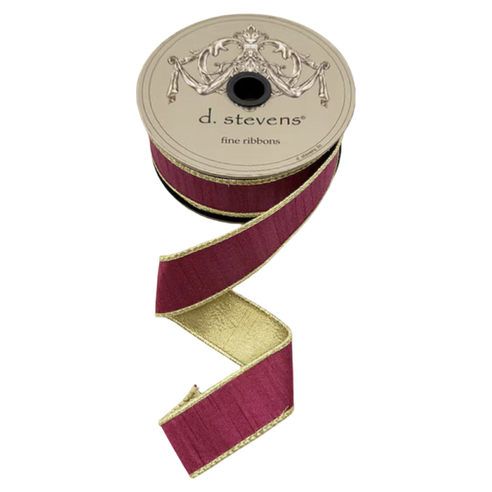 Wine slub dupioni ribbon with metallic gold backing and gold edging, 1.5 inches wide, shown unrolled from a 10-yard spool for bows, wreaths, ornaments, and gift wrapping.