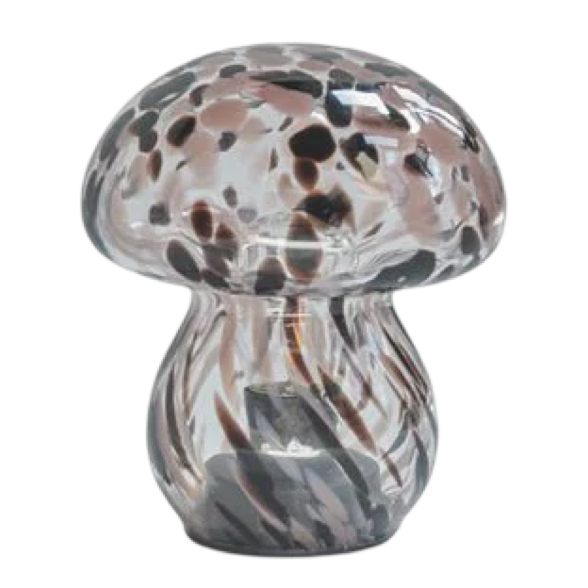 Glass mushroom-shaped object with marbled pattern on a white background