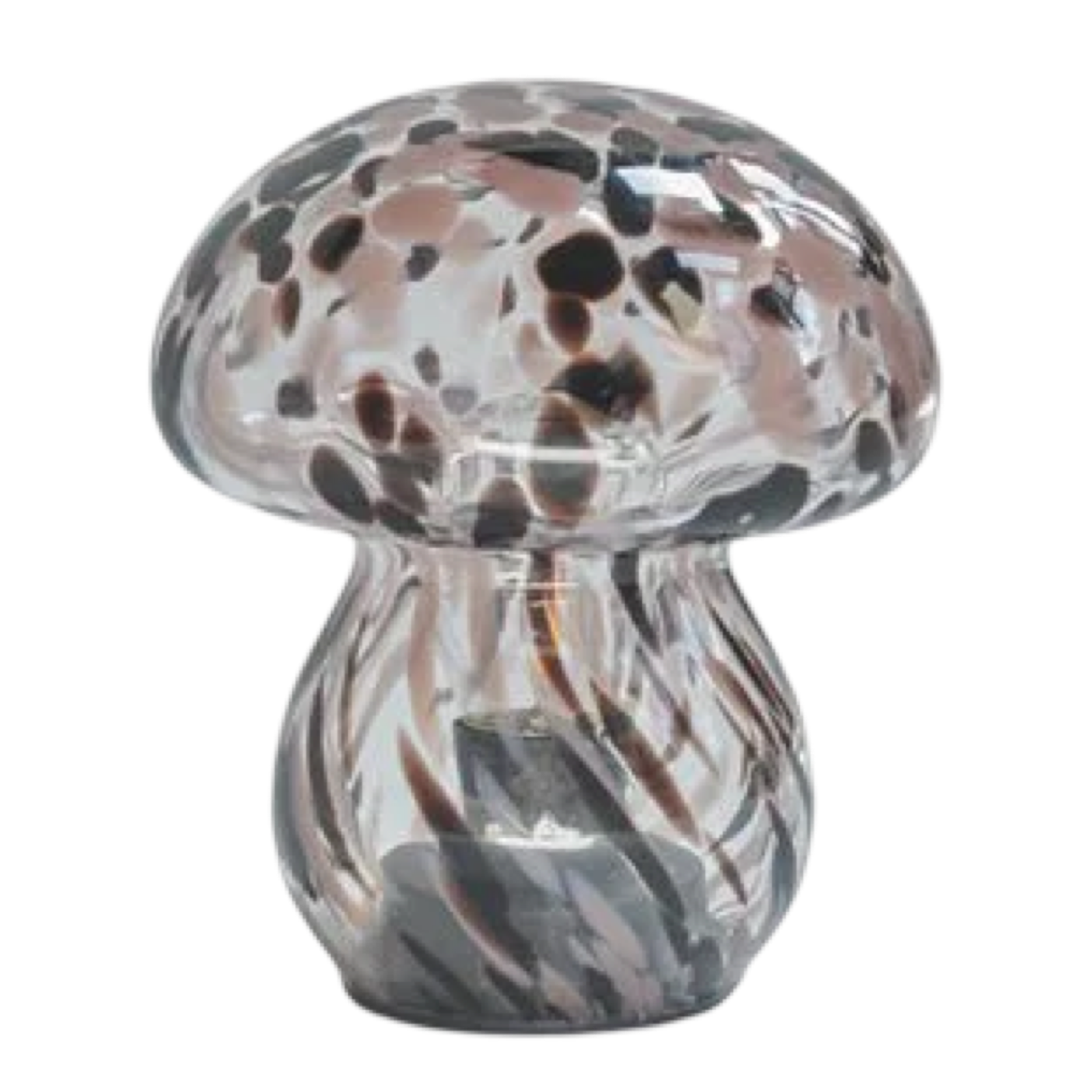 Glass mushroom-shaped object with marbled pattern on a white background