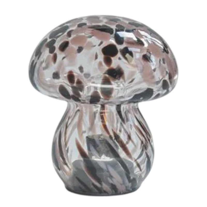 Glass mushroom-shaped object with marbled pattern on a white background