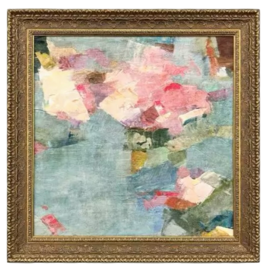 Framed abstract painting with floral elements on a white background