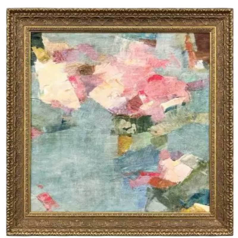 Framed abstract painting with floral elements on a white background