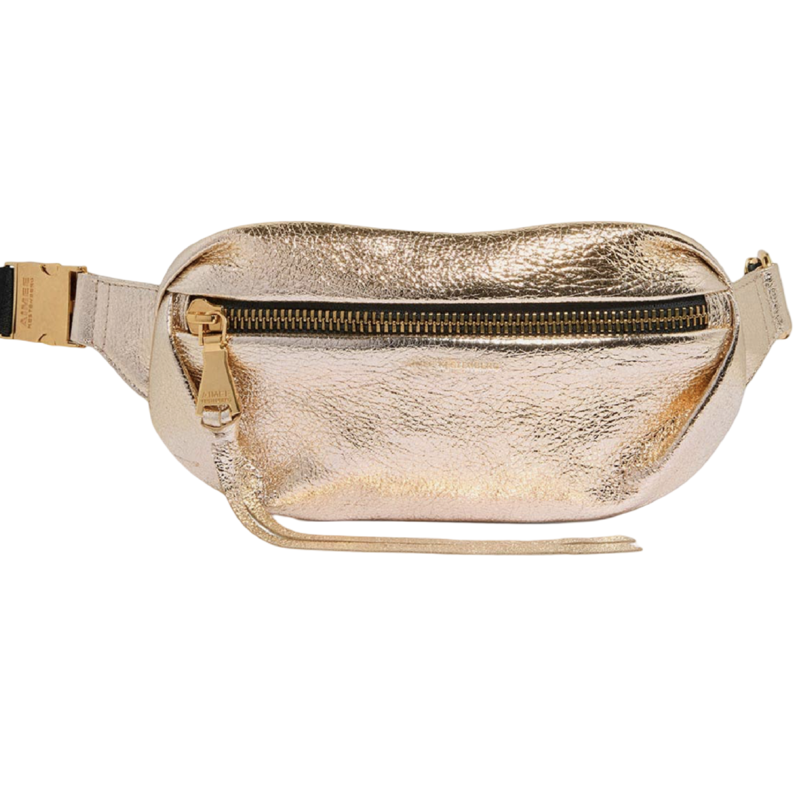 Gold metallic fanny pack on a white background