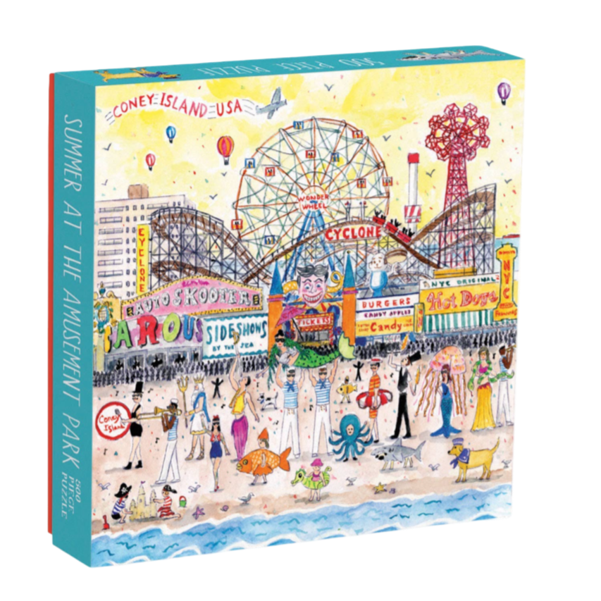amusement park puzzle, Michael Storrings puzzle, Galison puzzle, 500 piece jigsaw, Coney Island puzzle, summer boardwalk puzzle, carnival puzzle, watercolor puzzle, puzzle gift for adults, colorful city puzzle