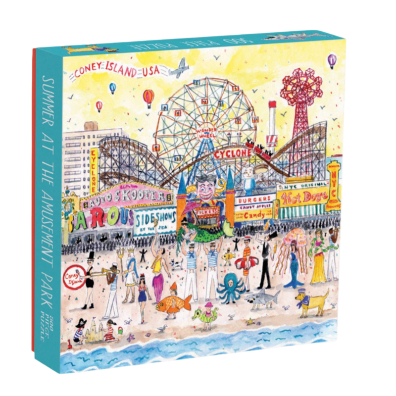amusement park puzzle, Michael Storrings puzzle, Galison puzzle, 500 piece jigsaw, Coney Island puzzle, summer boardwalk puzzle, carnival puzzle, watercolor puzzle, puzzle gift for adults, colorful city puzzle