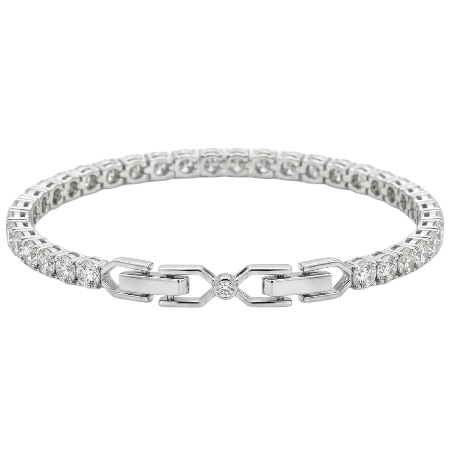 Anna Zuckerman Avery 10 Carat Tennis Bracelet with round Diamond Crystalline stones and a signature center-stone link clasp in platinum-plated brass.