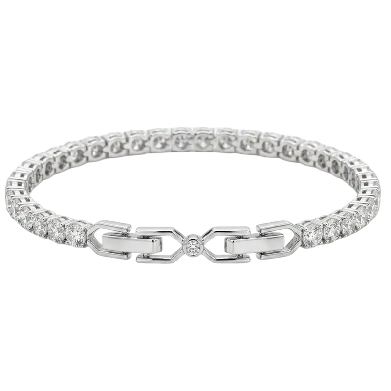 Anna Zuckerman Avery 10 Carat Tennis Bracelet with round Diamond Crystalline stones and a signature center-stone link clasp in platinum-plated brass.