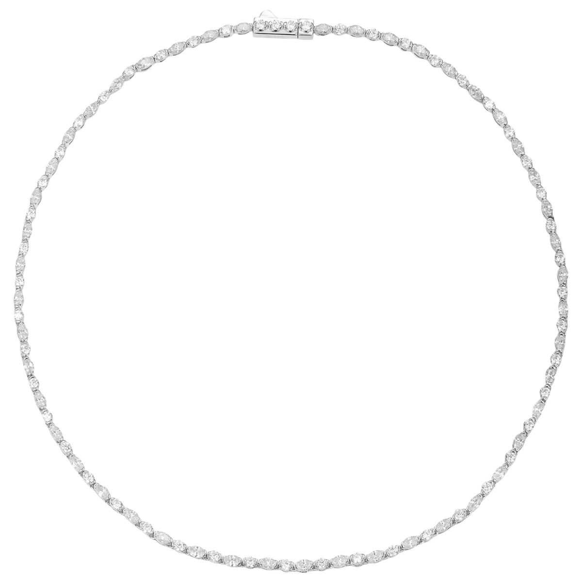 Anna Zuckerman Stella Tennis Choker necklace with elongated White Diamond Crystalline stones in platinum-finished sterling silver.