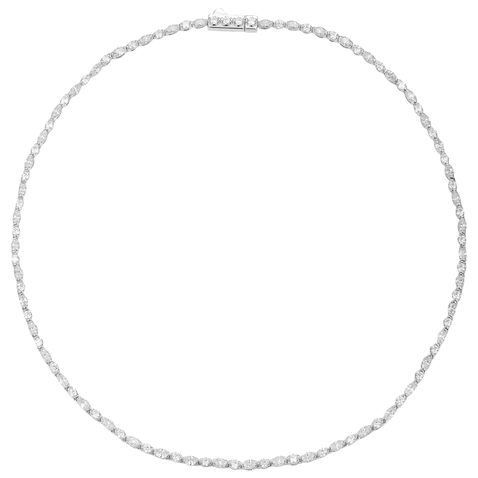 Anna Zuckerman Stella Tennis Choker necklace with elongated White Diamond Crystalline stones in platinum-finished sterling silver.
