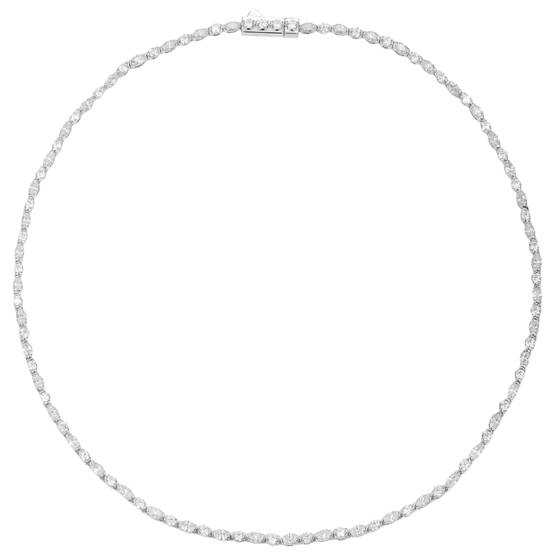 Anna Zuckerman Stella Tennis Choker necklace with elongated White Diamond Crystalline stones in platinum-finished sterling silver.