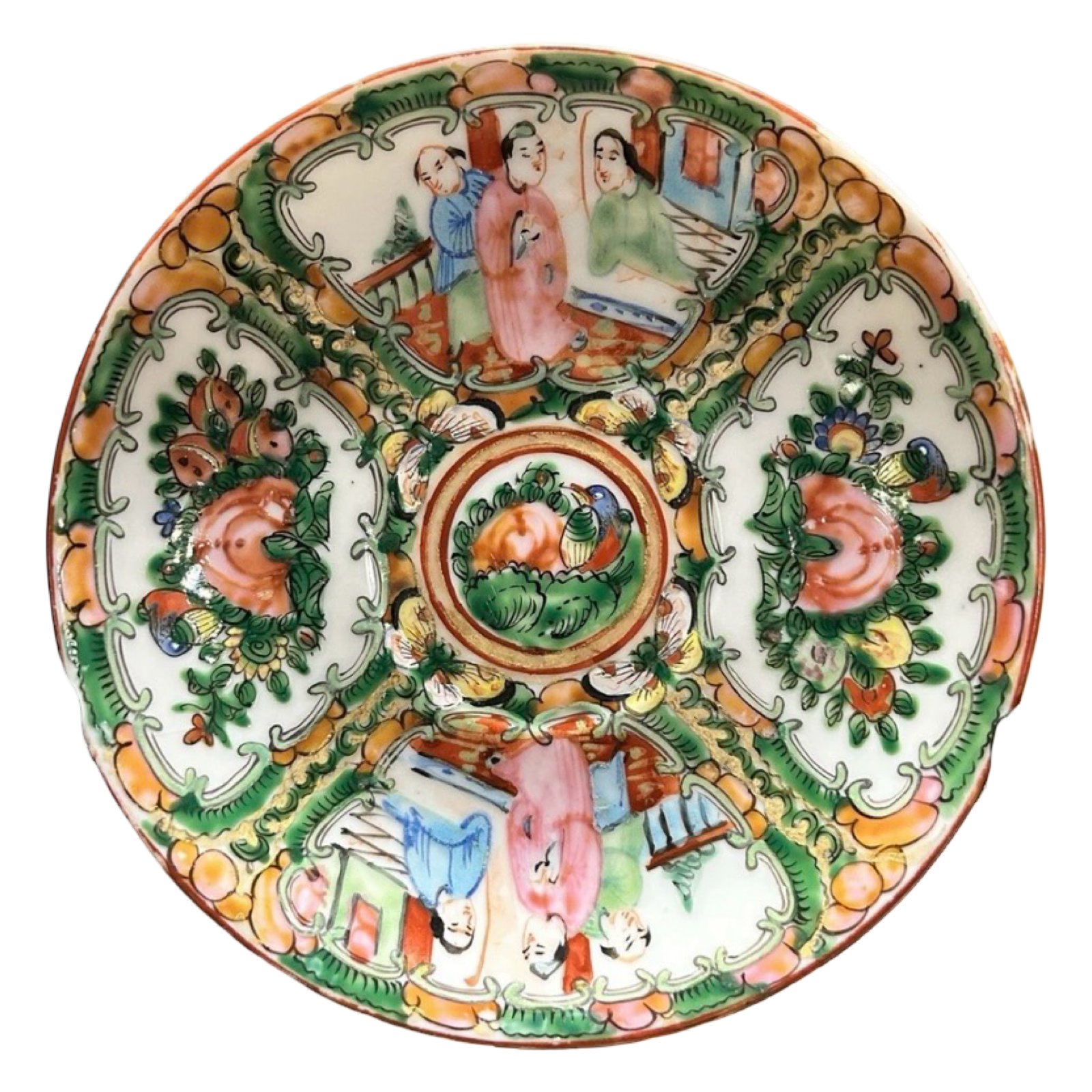 Decorative ceramic plate with colorful designs of people and animals on a white background